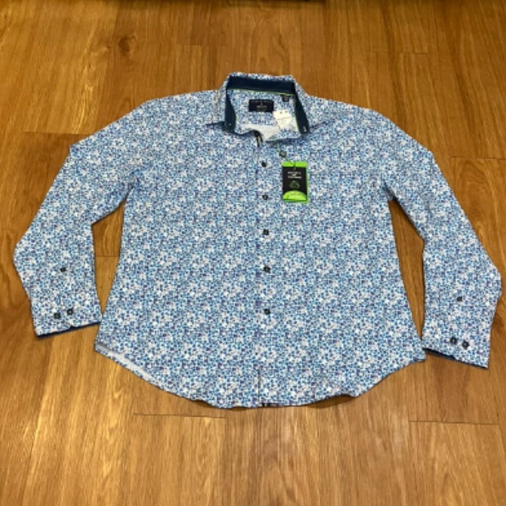 Society of Threads Men's Regular Fit Non-Iron Stretch Shirt Light Blue Floral L